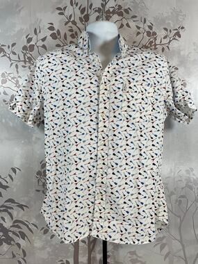 Ben Sherman Guitar Print Shirt Mens M White Stretch Short Sleeve Button Down